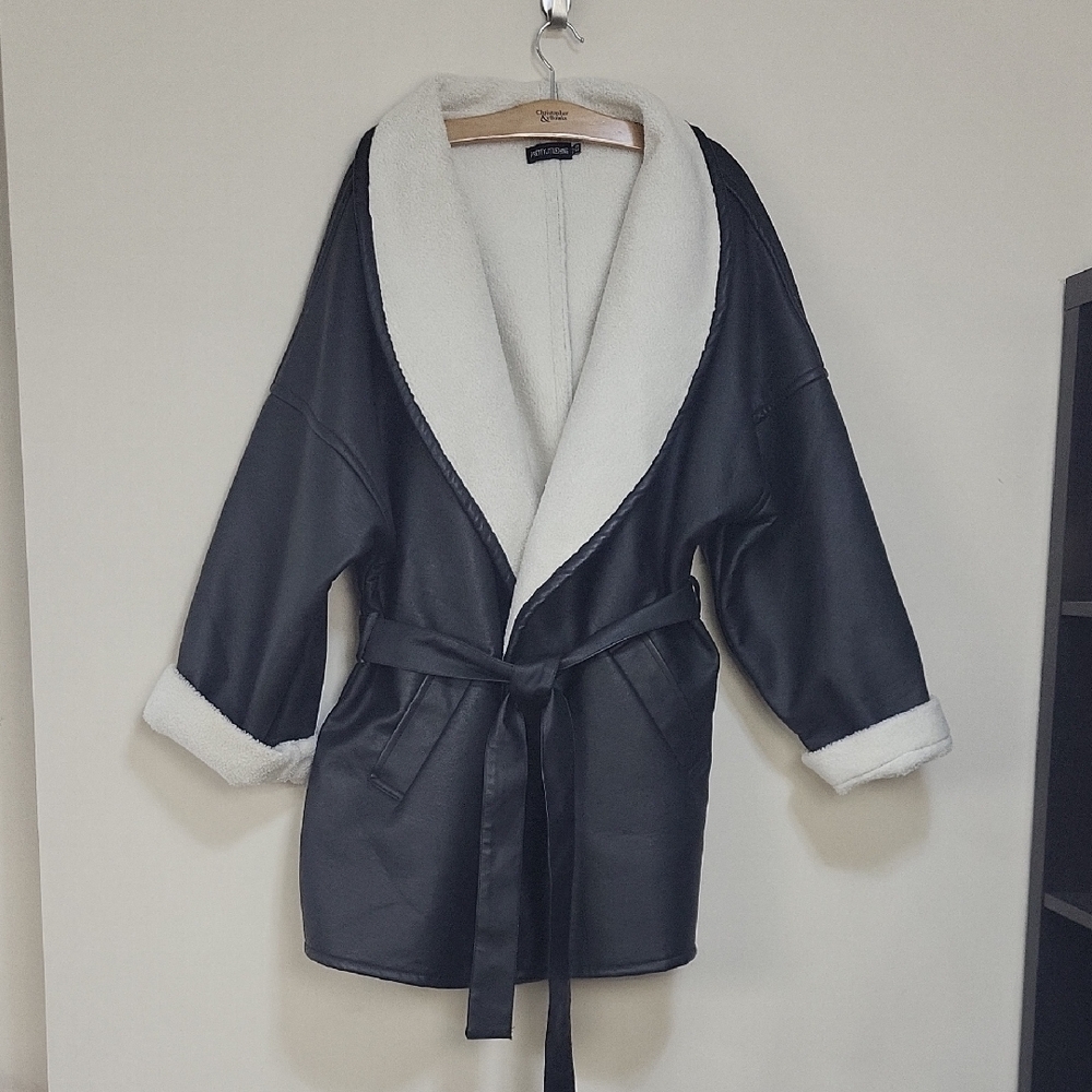 PRETTY LITTLE THING Black Faux Leather Sherpa Lined Pocketed Waist Tie Coat - 2X
